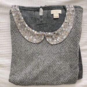 Rhinestones collar JCrew herringbone pattern sweater